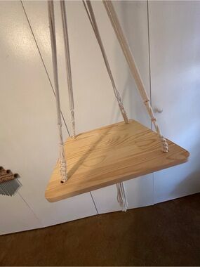 Wooden Hanging Swing Seat with Cream Rope